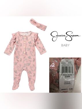 🆕JESSICA SIMPSON BABY - 3/6M - NWT - 2PC PINK FLORAL SLEEPER AND HEADBAND